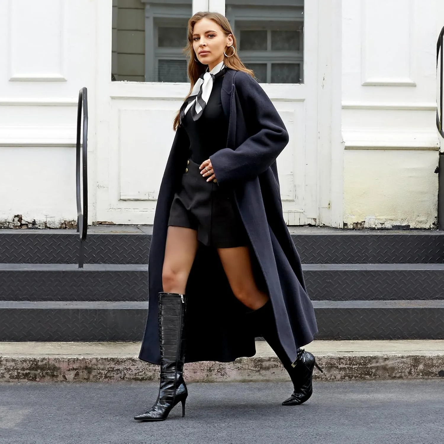 Knee High Boots Women Stiletto High Heel 3.3in, Side Zipper Pointed Toe Metal Buckle Tall Boots Dress Boots for Women, Comfortable Faux Leather Below the Knee Long Boots