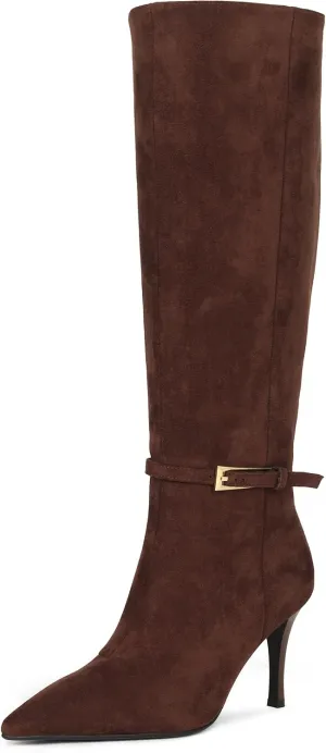 Knee High Boots Women Stiletto High Heel 3.3in, Side Zipper Pointed Toe Metal Buckle Tall Boots Dress Boots for Women, Comfortable Faux Leather Below the Knee Long Boots