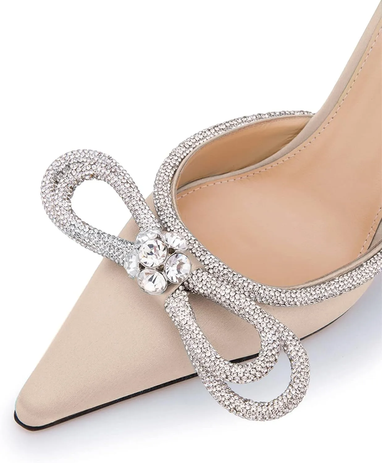 LauraVicci Women High Heeled Mules Rhinestone Embellished Crystal Double Bow Satin Sandals Pointy Toe Stiletto Shoes Summer Bridal Shoes