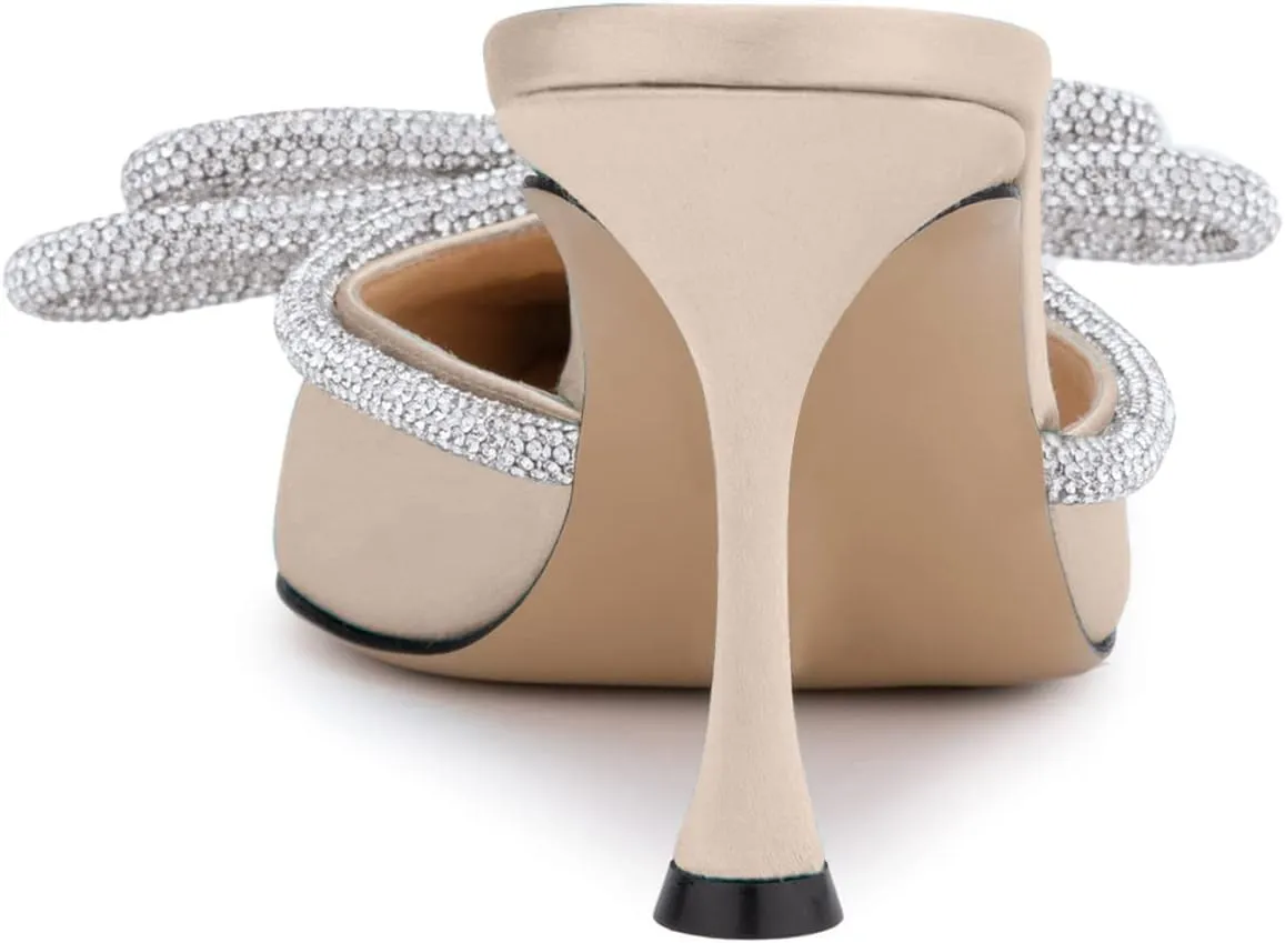 LauraVicci Women High Heeled Mules Rhinestone Embellished Crystal Double Bow Satin Sandals Pointy Toe Stiletto Shoes Summer Bridal Shoes