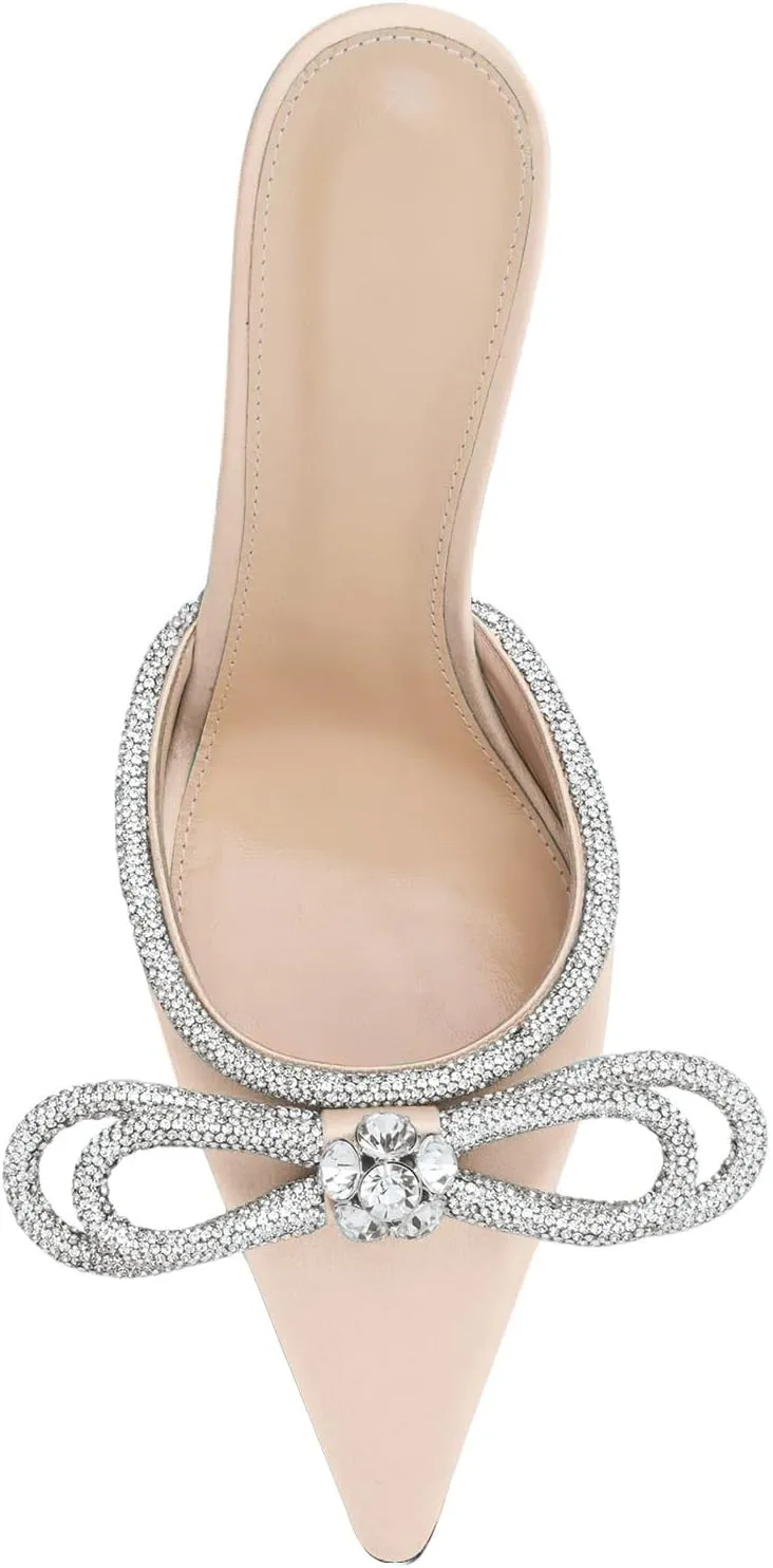 LauraVicci Women High Heeled Mules Rhinestone Embellished Crystal Double Bow Satin Sandals Pointy Toe Stiletto Shoes Summer Bridal Shoes
