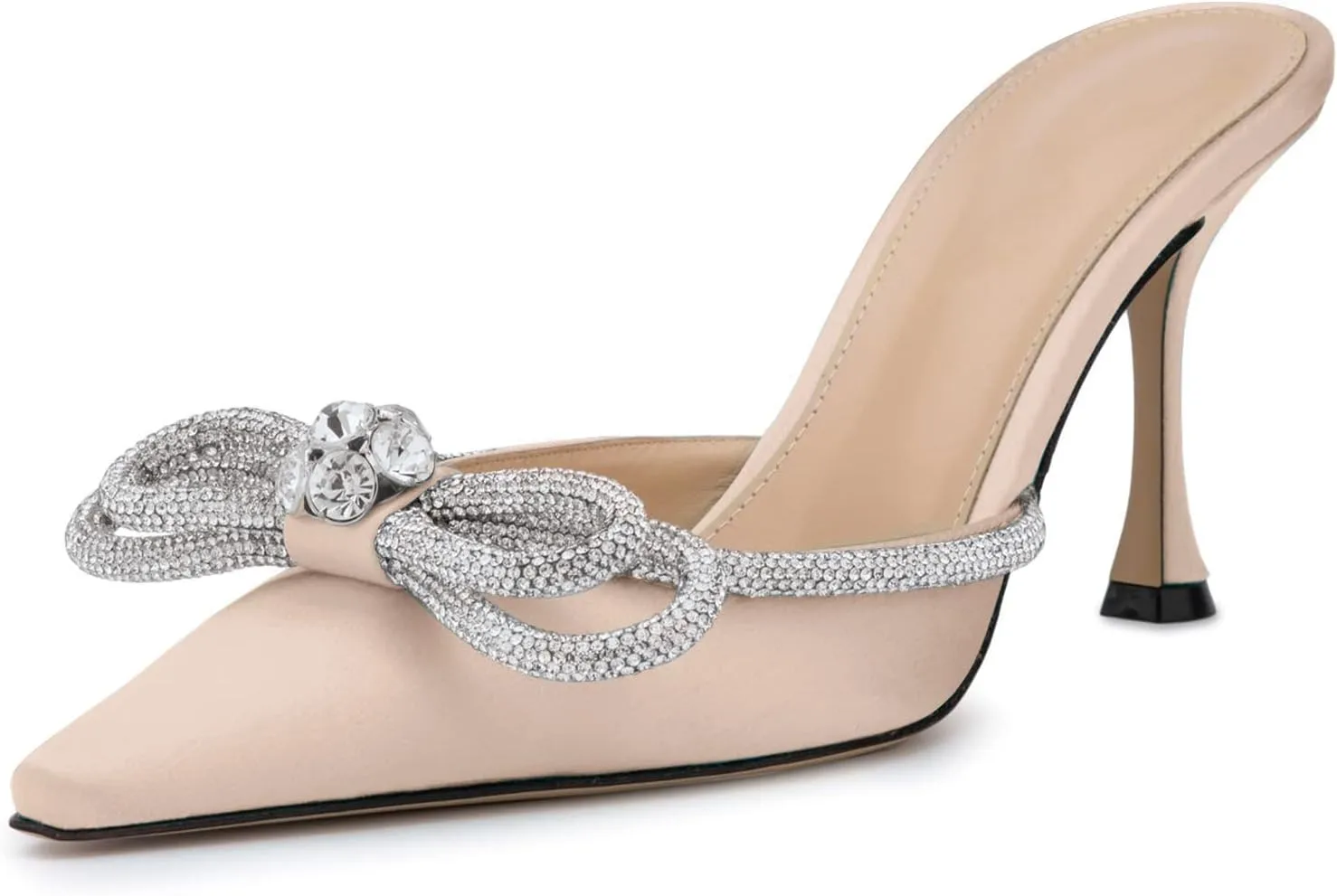 LauraVicci Women High Heeled Mules Rhinestone Embellished Crystal Double Bow Satin Sandals Pointy Toe Stiletto Shoes Summer Bridal Shoes