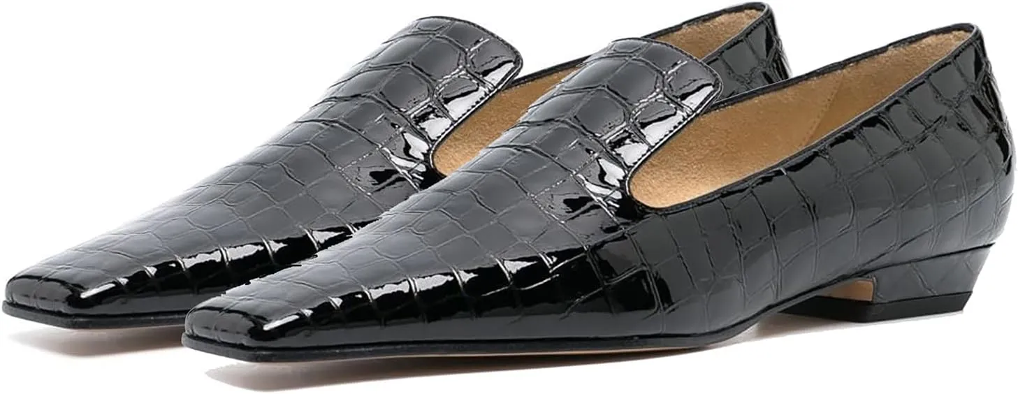 LEHOOR Women Patent Loafers Flats Square Toe Crocodile Dress Shoes Slip On 1 inch Flat Heel Loafer Shoes Crocodile Animal Print Fashion Office Work Loafers Formal Business Casual 4-11 M US