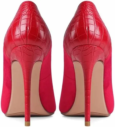 LEMUTISME Women‘s Trendy Pointed Closed Toe Crocodile Stiletto Heels Chic Cap Toe Suede Slip On 4IN High Heel Dress Pumps for Wedding Prom