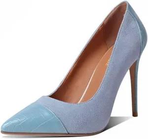LEMUTISME Women‘s Trendy Pointed Closed Toe Crocodile Stiletto Heels Chic Cap Toe Suede Slip On 4IN High Heel Dress Pumps for Wedding Prom