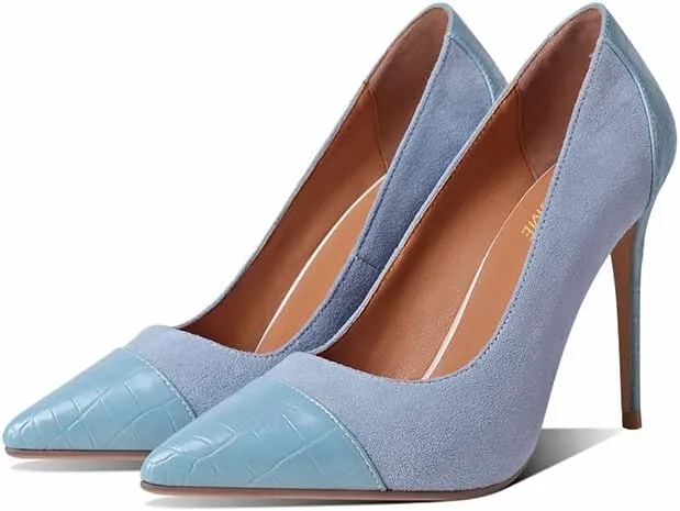 LEMUTISME Women‘s Trendy Pointed Closed Toe Crocodile Stiletto Heels Chic Cap Toe Suede Slip On 4IN High Heel Dress Pumps for Wedding Prom