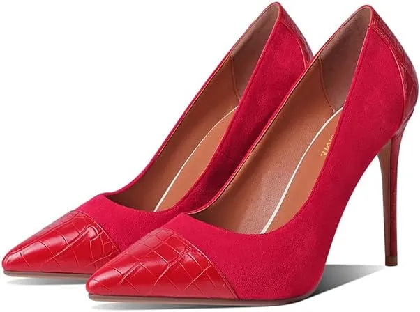 LEMUTISME Women‘s Trendy Pointed Closed Toe Crocodile Stiletto Heels Chic Cap Toe Suede Slip On 4IN High Heel Dress Pumps for Wedding Prom