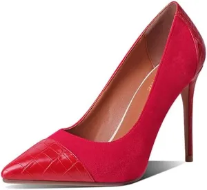 LEMUTISME Women‘s Trendy Pointed Closed Toe Crocodile Stiletto Heels Chic Cap Toe Suede Slip On 4IN High Heel Dress Pumps for Wedding Prom