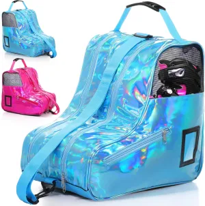 Liliful 2 Pcs Roller Skate Bag Holographic Inline Ice Skate Bag for Women Men Large Capacity with Adjustable Shoulder Strap, Blue, Pink
