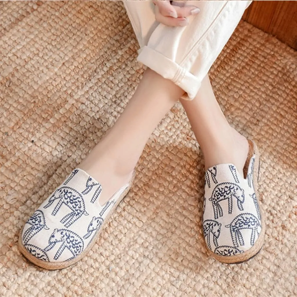 Linen Slippers for Women, Ethnic Canvas Sandal, Vintage Chinese Style Embroidery Casual Walking Slippers Women's Stylish Embroidery Flat Espadrilles Fancy Mule Slippers