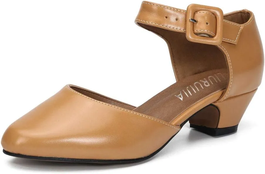 LIURUIJIA Women's Closed Toe Low Chunky Heel Pumps Ankle Strap Dress Shoes for Work Wedding Party Dance