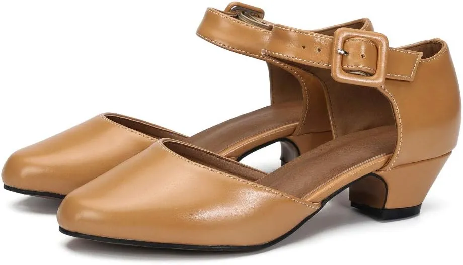 LIURUIJIA Women's Closed Toe Low Chunky Heel Pumps Ankle Strap Dress Shoes for Work Wedding Party Dance