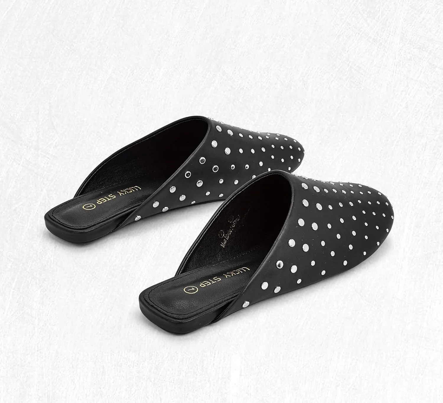 LUCKY STEP Women's Rivet Mules Flats Closed Toe Leather Fashion Slippers Sparkly Comfortable Backless Slip on Slides