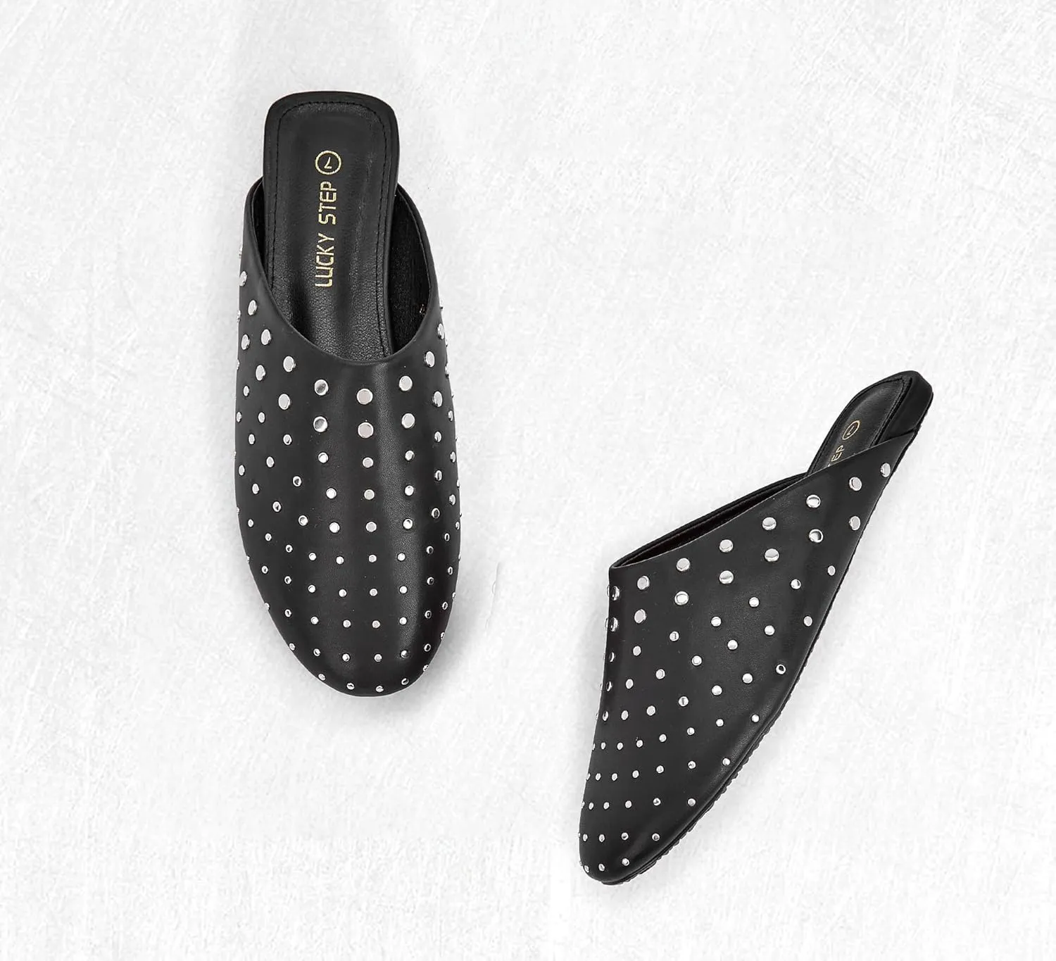 LUCKY STEP Women's Rivet Mules Flats Closed Toe Leather Fashion Slippers Sparkly Comfortable Backless Slip on Slides