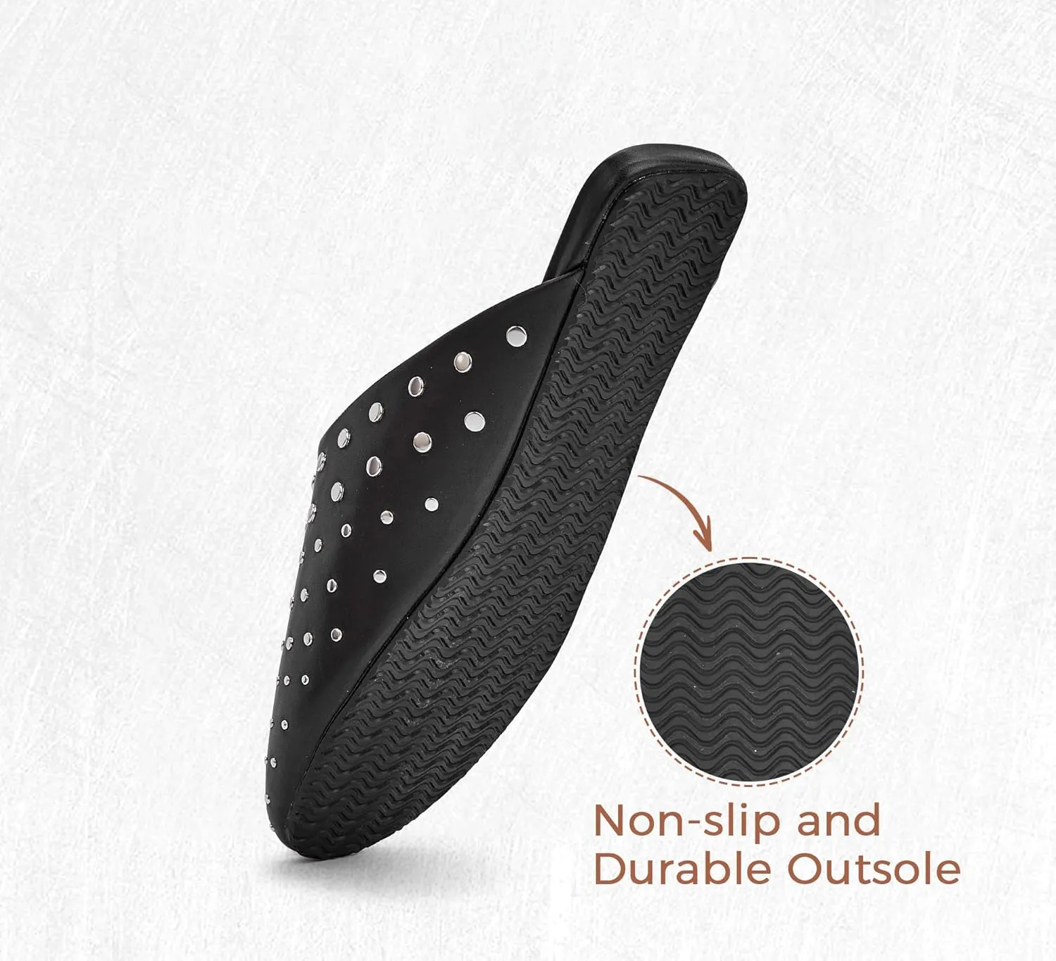 LUCKY STEP Women's Rivet Mules Flats Closed Toe Leather Fashion Slippers Sparkly Comfortable Backless Slip on Slides