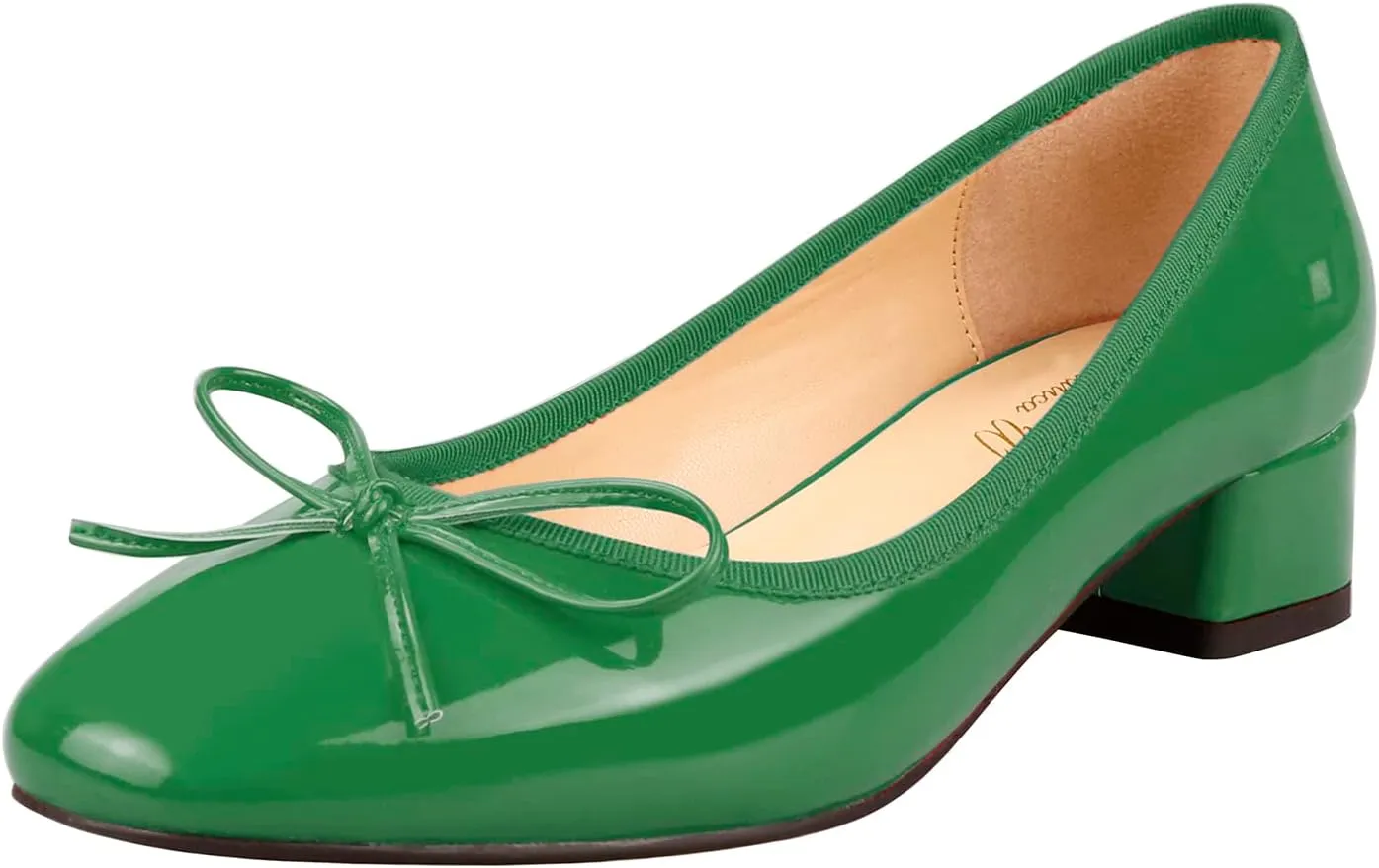 Lutalica W Women's Classic Closed Round Toe Patent Leather Comfortable Daily Slip On Bow Tie Chunky Heel Pumps Shoes