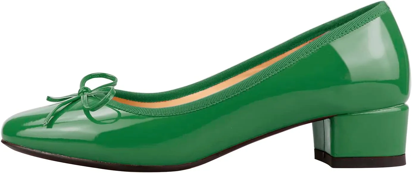 Lutalica W Women's Classic Closed Round Toe Patent Leather Comfortable Daily Slip On Bow Tie Chunky Heel Pumps Shoes