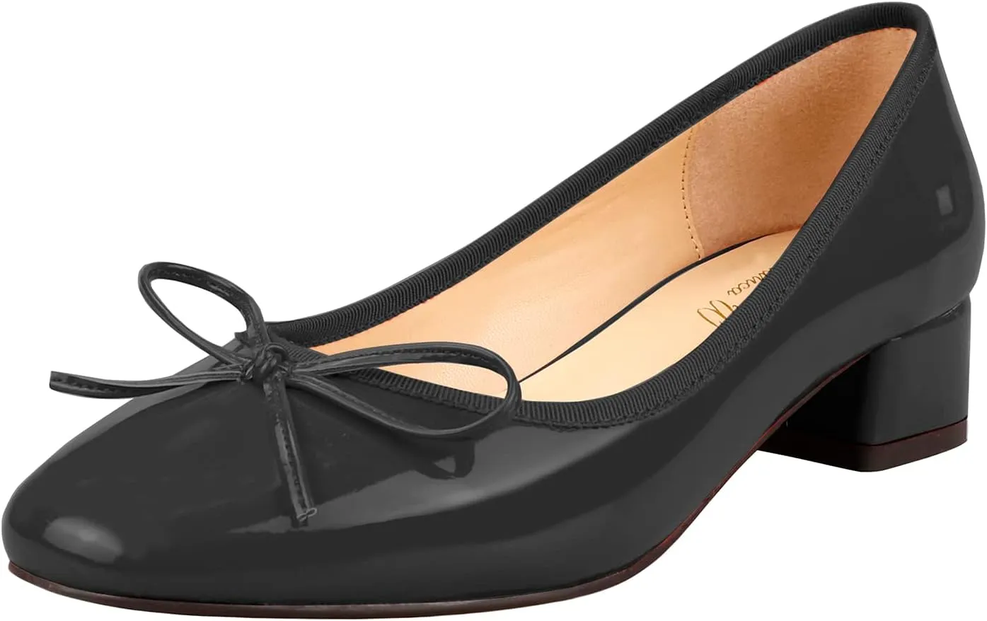 Lutalica W Women's Classic Closed Round Toe Patent Leather Comfortable Daily Slip On Bow Tie Chunky Heel Pumps Shoes
