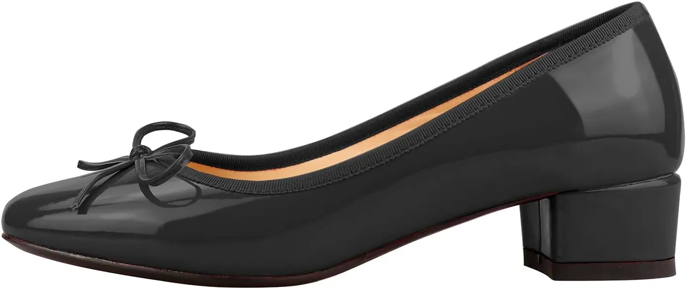 Lutalica W Women's Classic Closed Round Toe Patent Leather Comfortable Daily Slip On Bow Tie Chunky Heel Pumps Shoes