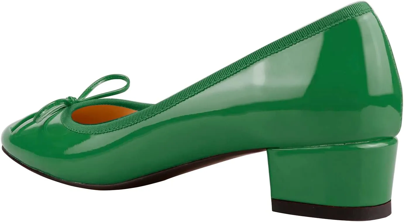 Lutalica W Women's Classic Closed Round Toe Patent Leather Comfortable Daily Slip On Bow Tie Chunky Heel Pumps Shoes