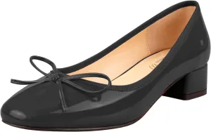 Lutalica W Women's Classic Closed Round Toe Patent Leather Comfortable Daily Slip On Bow Tie Chunky Heel Pumps Shoes
