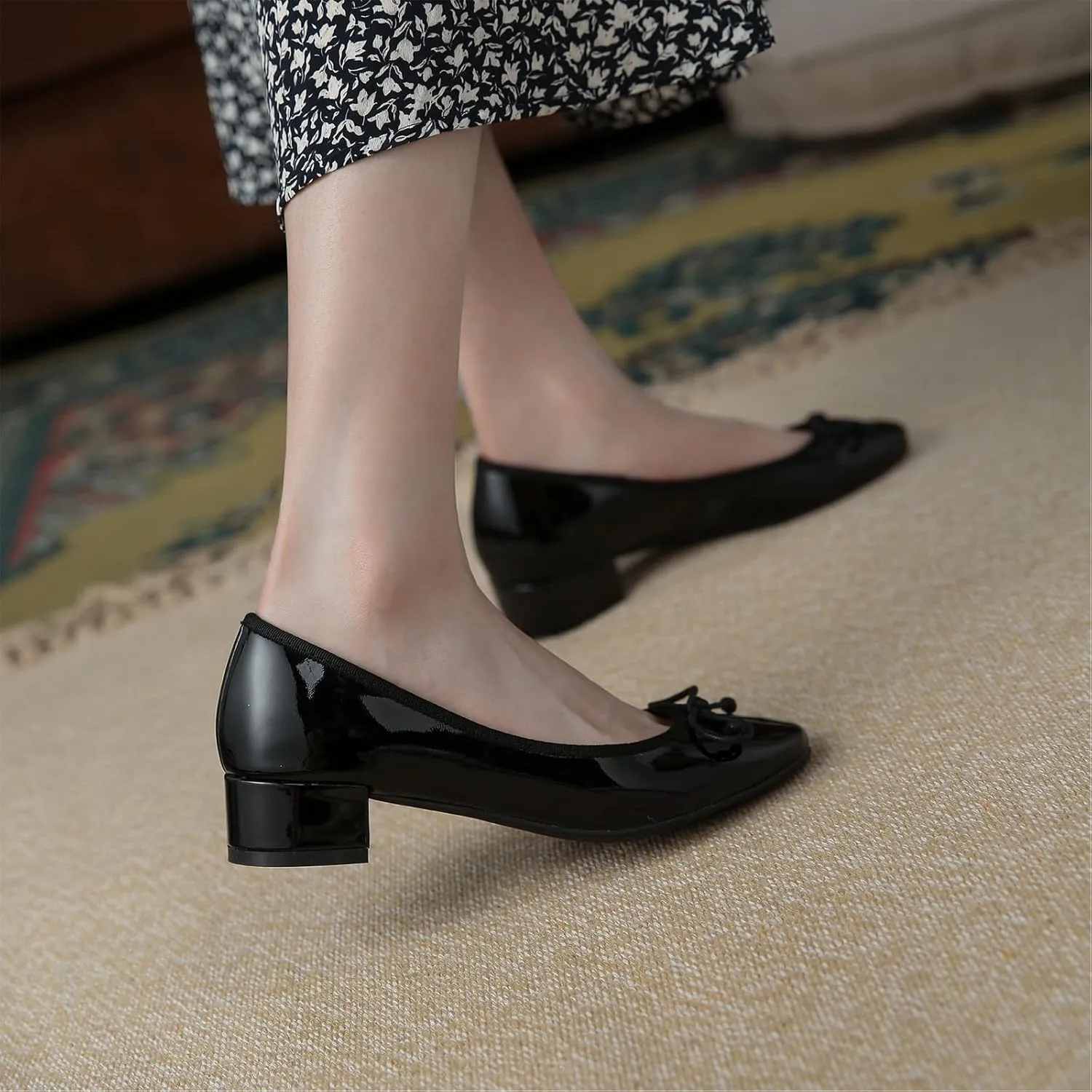 Lutalica W Women's Classic Closed Round Toe Patent Leather Comfortable Daily Slip On Bow Tie Chunky Heel Pumps Shoes