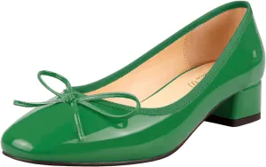 Lutalica W Women's Classic Closed Round Toe Patent Leather Comfortable Daily Slip On Bow Tie Chunky Heel Pumps Shoes