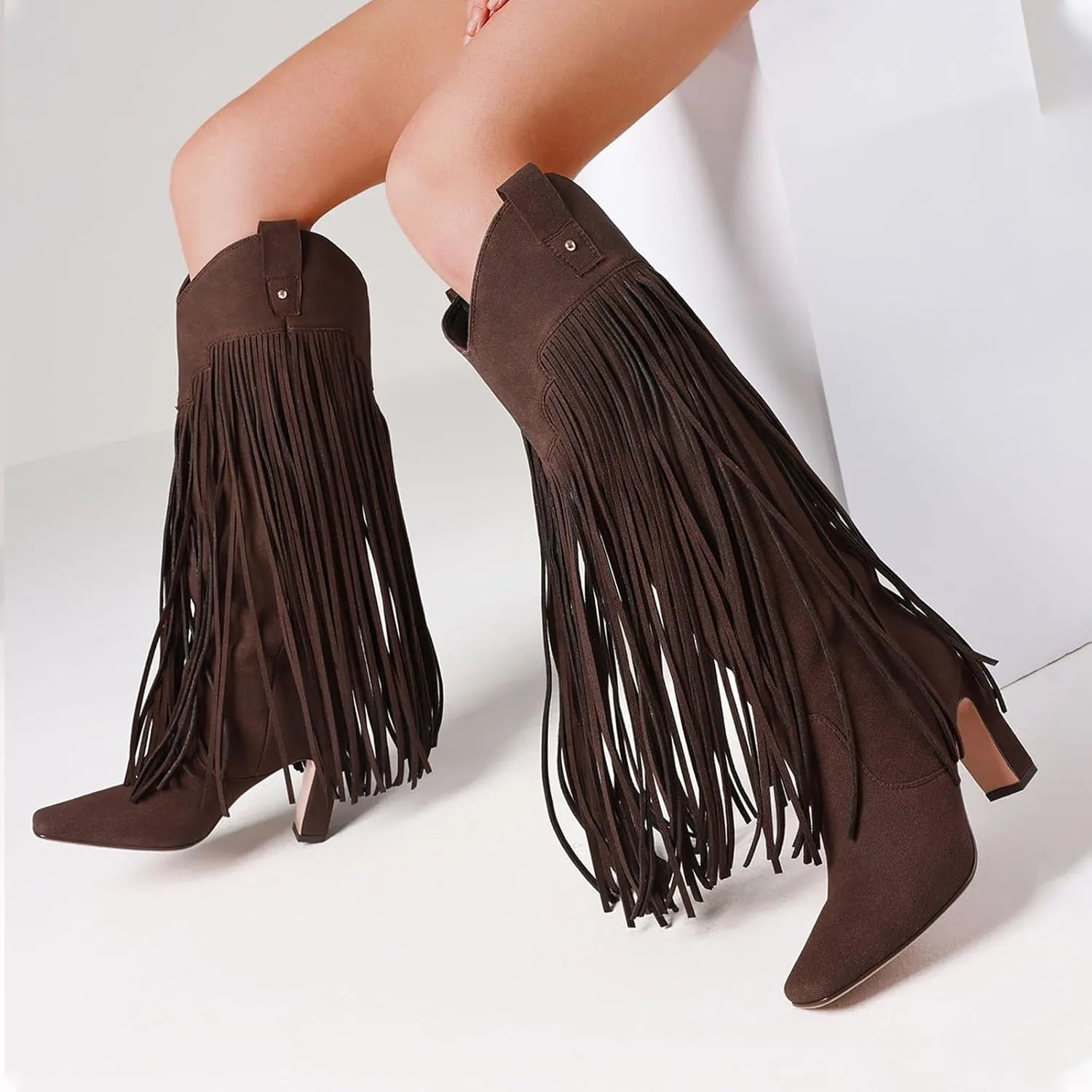 Mattiventon Knee High Boots for Women Fashion Fringe Boots with Square Toe Chunky Heel Pull On Suede Tall Boot for Party Dating 2025