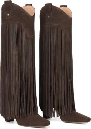 Mattiventon Knee High Boots for Women Fashion Fringe Boots with Square Toe Chunky Heel Pull On Suede Tall Boot for Party Dating 2025