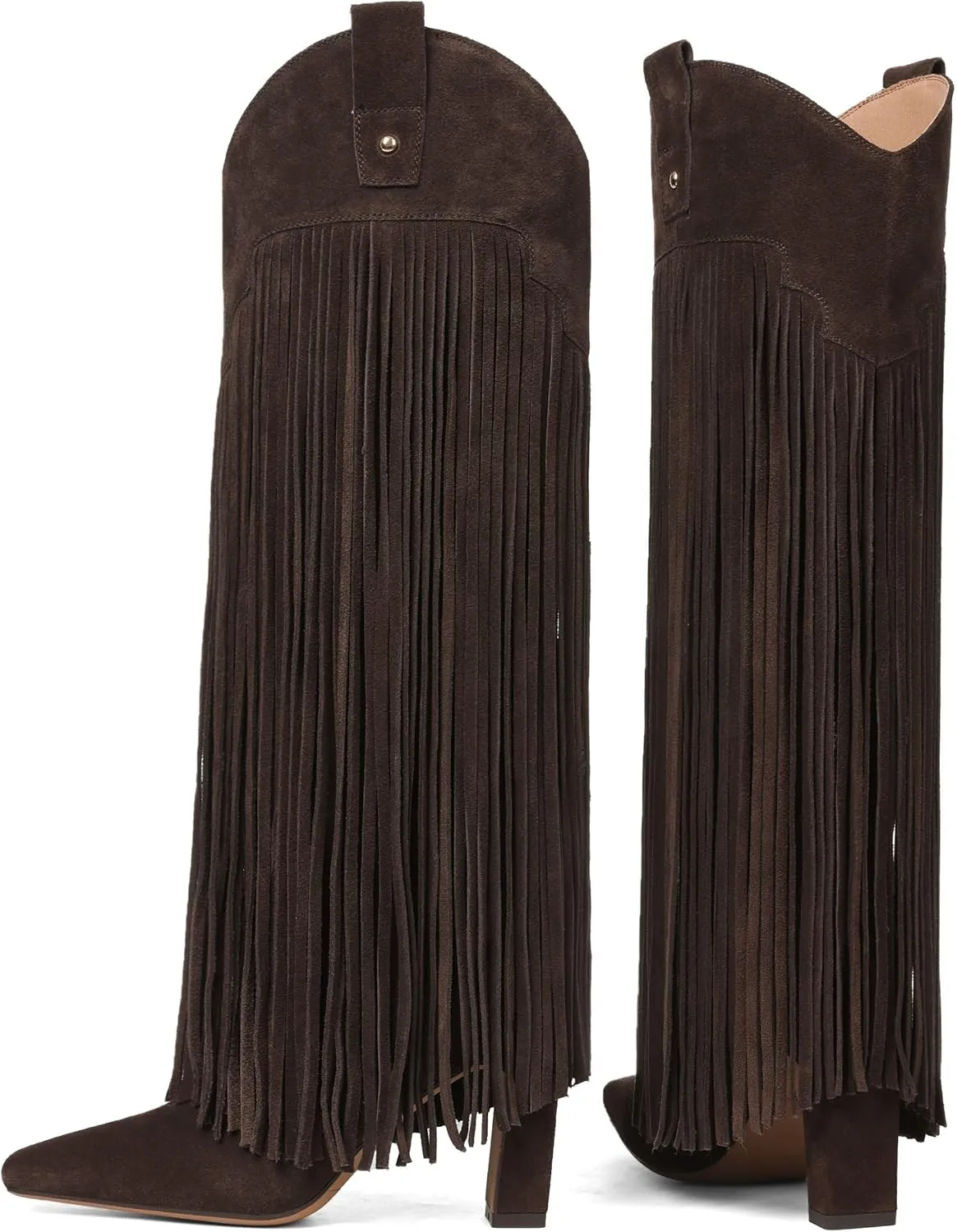 Mattiventon Knee High Boots for Women Fashion Fringe Boots with Square Toe Chunky Heel Pull On Suede Tall Boot for Party Dating 2025