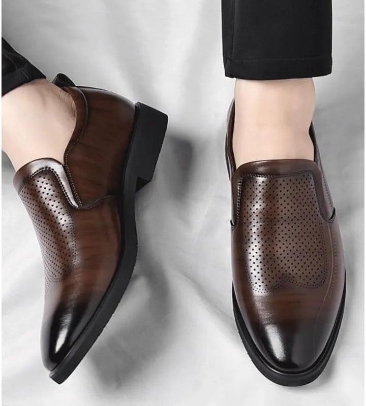 Men's Black/Brown Leather Platform Chunky Slip-On Penny Loafers Comfortable Cowhide Soles Non-Slip Slip-On Walking Shoes Summer Breathable Driving Shoes