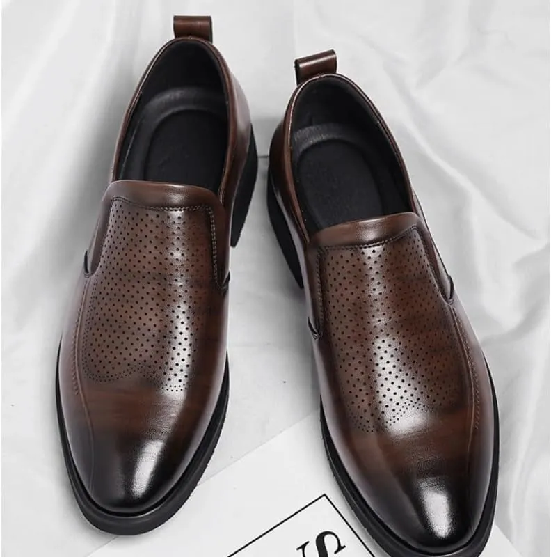 Men's Black/Brown Leather Platform Chunky Slip-On Penny Loafers Comfortable Cowhide Soles Non-Slip Slip-On Walking Shoes Summer Breathable Driving Shoes