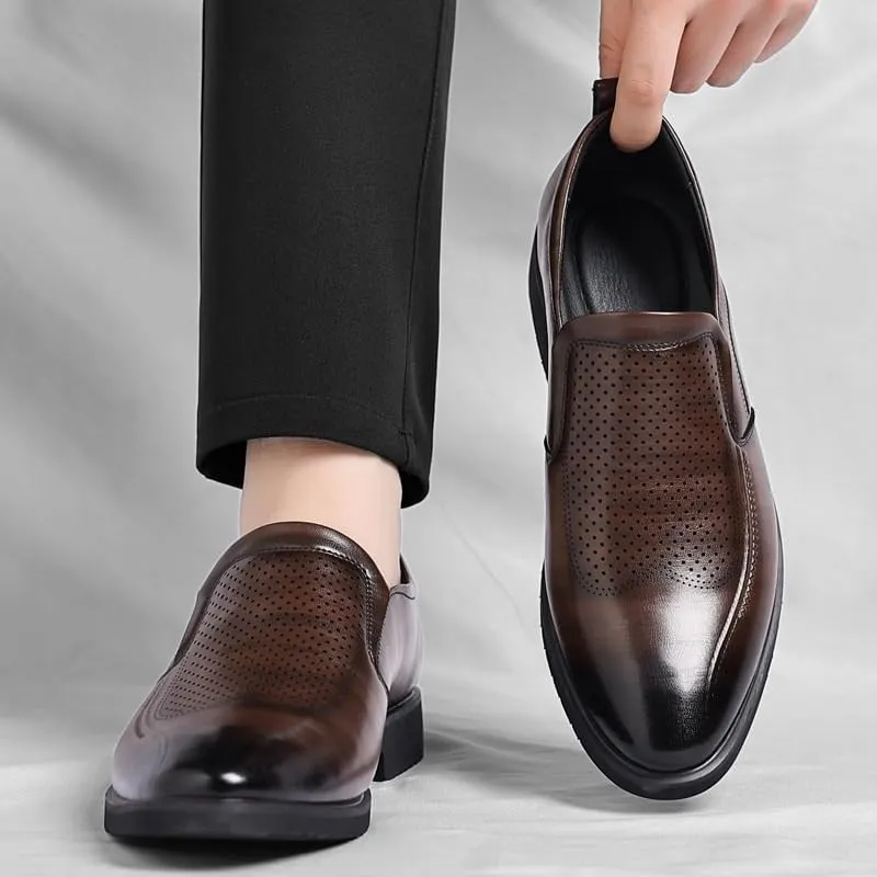 Men's Black/Brown Leather Platform Chunky Slip-On Penny Loafers Comfortable Cowhide Soles Non-Slip Slip-On Walking Shoes Summer Breathable Driving Shoes