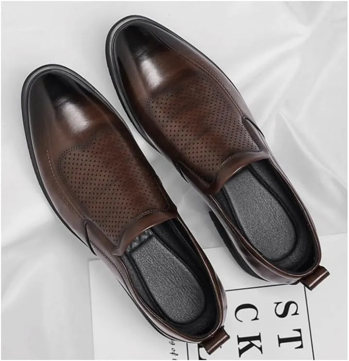 Men's Black/Brown Leather Platform Chunky Slip-On Penny Loafers Comfortable Cowhide Soles Non-Slip Slip-On Walking Shoes Summer Breathable Driving Shoes