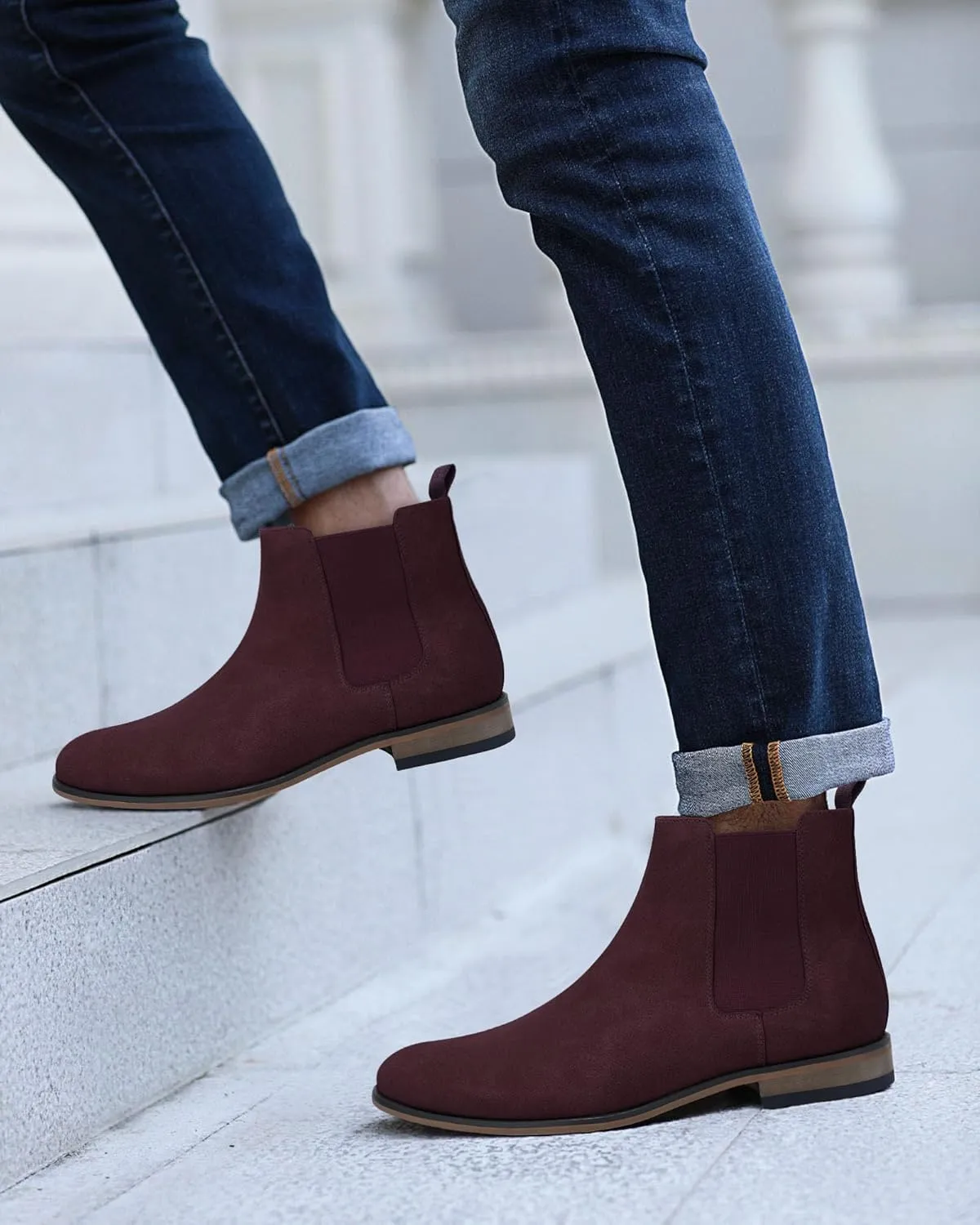 Mens Chelsea Boot Slip On Pointed Toe Stacked Low Heel Faux Suede Casual Dress Boot