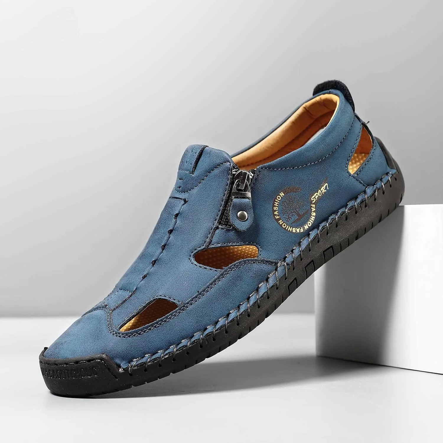 Men's Closed-Toe Leather Fisherman Sandals Slip-On |Side Zipper Hand-Sewn | Breathable Comfortable Casual Moccasin Loafers for Summer Outdoor Driving & Walking