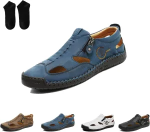 Men's Closed-Toe Leather Fisherman Sandals Slip-On |Side Zipper Hand-Sewn | Breathable Comfortable Casual Moccasin Loafers for Summer Outdoor Driving & Walking