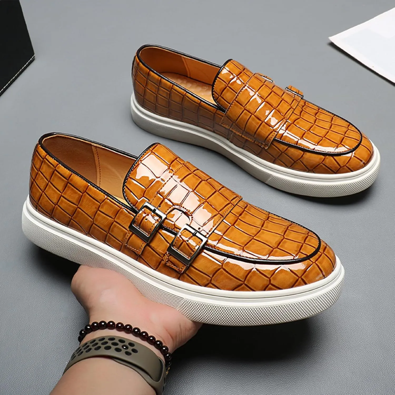 Men's Crocodile Print Double Monk Strap Slip-on Loafers Fashion Patent Leather Classic Oxford Dress Business Shoes Rointed Toe Comfort Sneakers