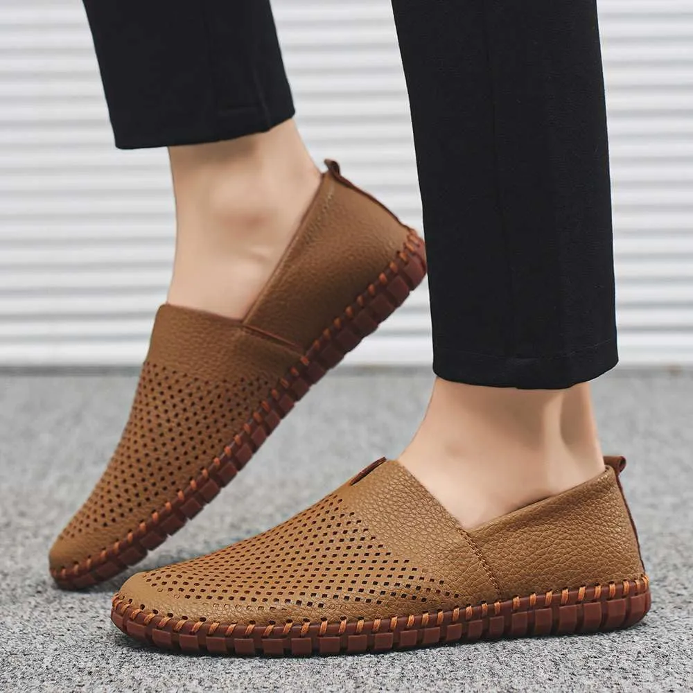Men's Genuine Leather Loafer Shoes Slip On Soft Walking Shoes Perforated Driving Shoes