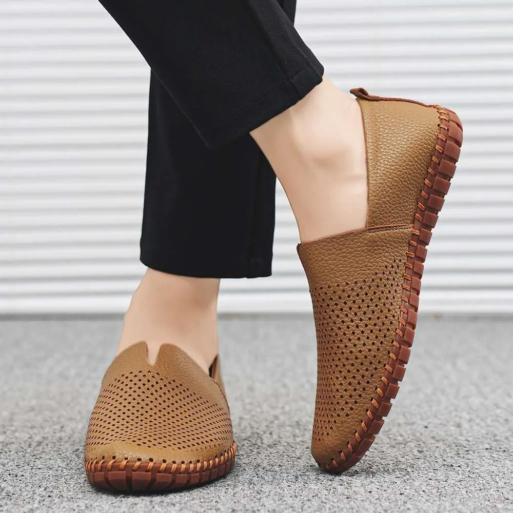 Men's Genuine Leather Loafer Shoes Slip On Soft Walking Shoes Perforated Driving Shoes