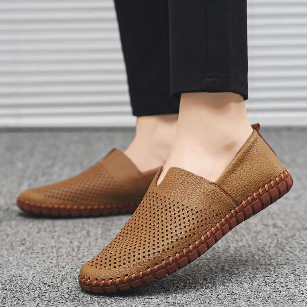 Men's Genuine Leather Loafer Shoes Slip On Soft Walking Shoes Perforated Driving Shoes