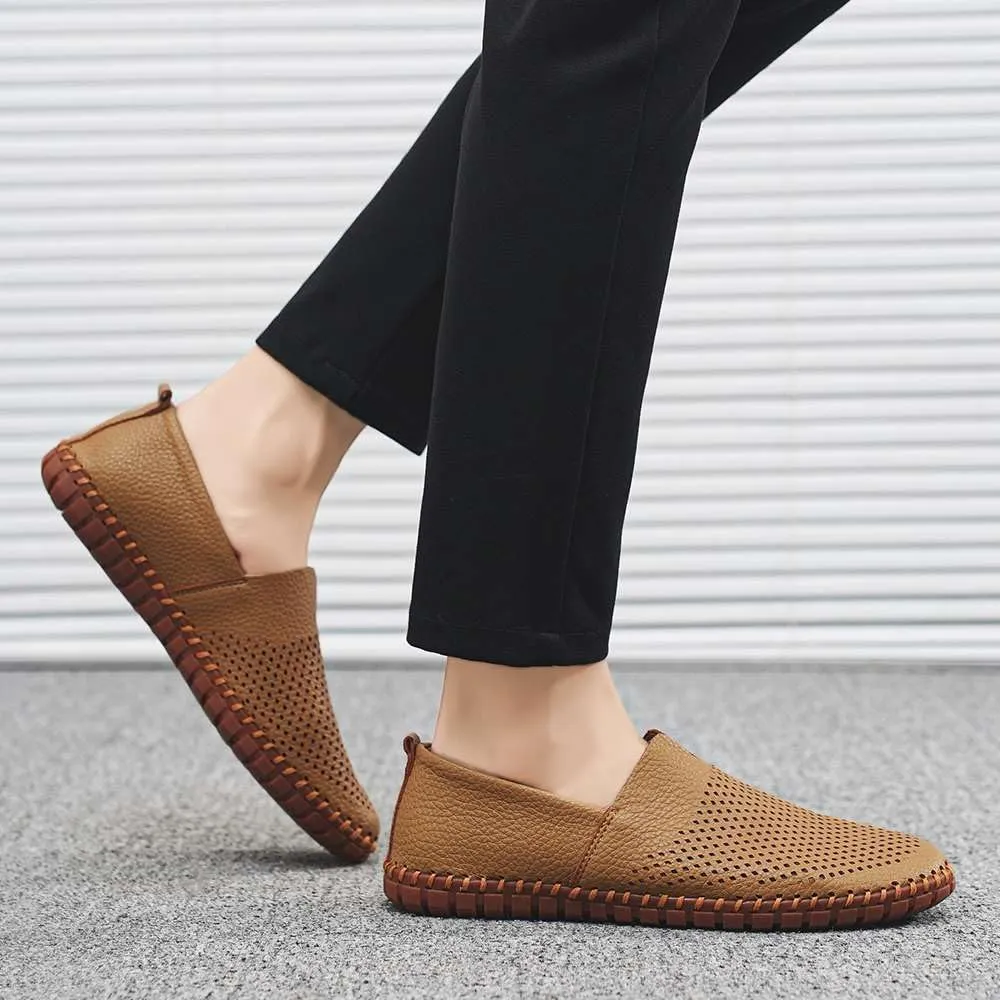 Men's Genuine Leather Loafer Shoes Slip On Soft Walking Shoes Perforated Driving Shoes