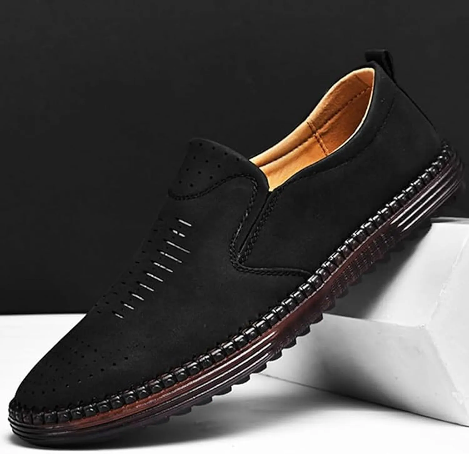 Men's Handmade Leather Loafers Comfortable Cowhide Slip-On Breathable Anti-Slip Summer Driving Shoes