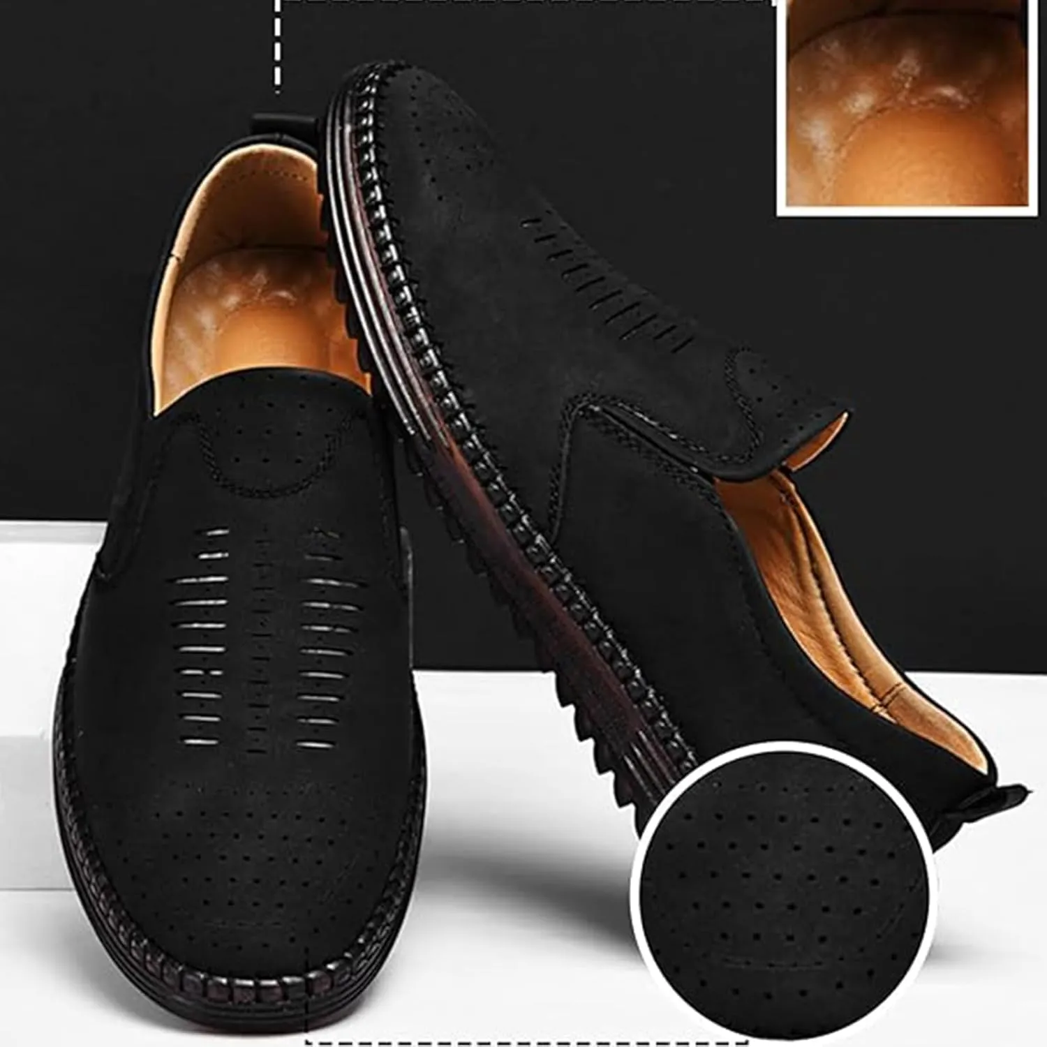 Men's Handmade Leather Loafers Comfortable Cowhide Slip-On Breathable Anti-Slip Summer Driving Shoes