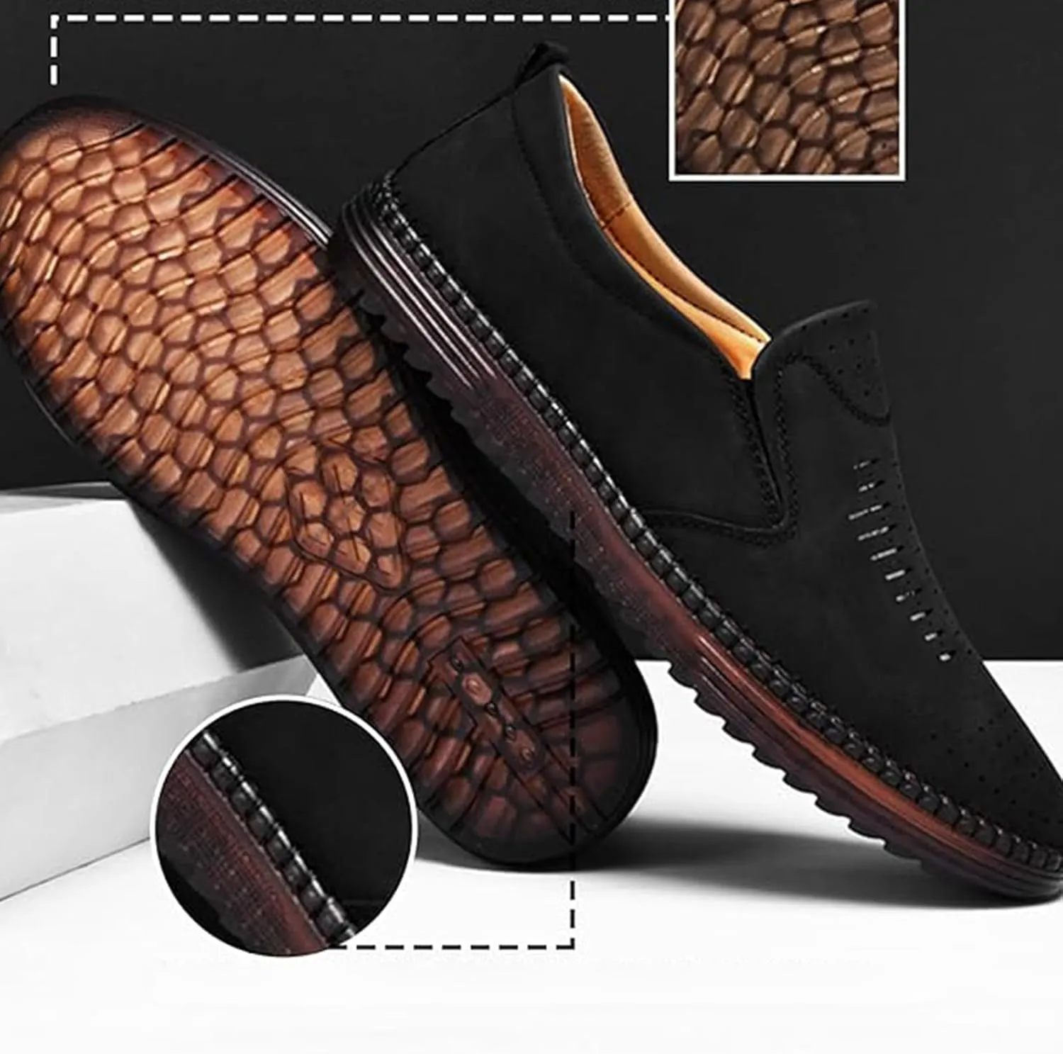 Men's Handmade Leather Loafers Comfortable Cowhide Slip-On Breathable Anti-Slip Summer Driving Shoes