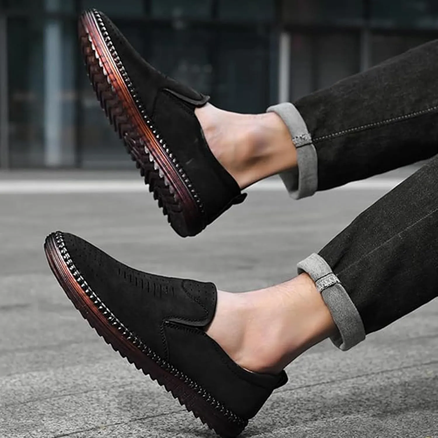 Men's Handmade Leather Loafers Comfortable Cowhide Slip-On Breathable Anti-Slip Summer Driving Shoes