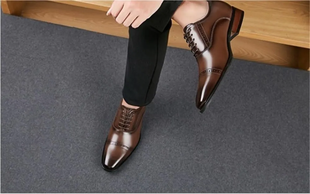 Mens Leather Slip On Dress Shoes Brogue Oxford Formal Wedding Party Non Slip Casual Comfortable