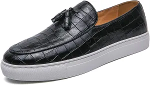 Men's Pattern Leather Platform Slip On Tassel Loafers Comfortable Round Toe Low Top Non-Slip Casual Dress Shoes Flat Penny Loafer for Dating Business Party