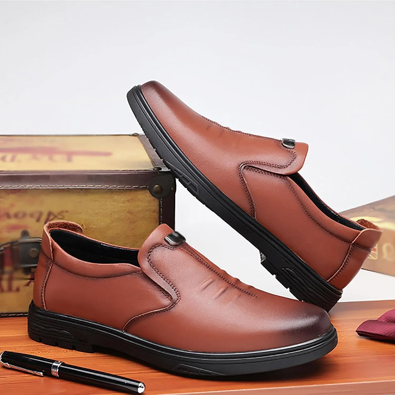 Men's Premium Cowhide Leather Slip-On Shoes Anti-Slip Casual Lightweight Breathable for Walking, Travel, Office