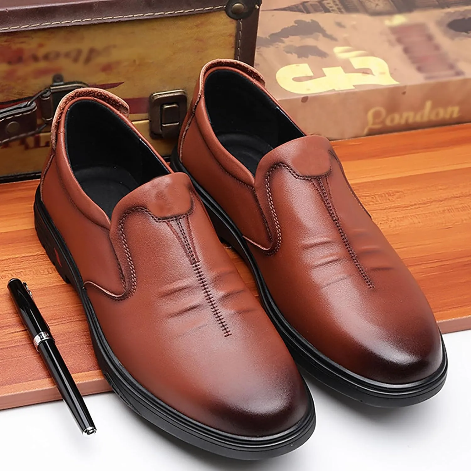 Men's Premium Cowhide Leather Slip-On Shoes Anti-Slip Casual Lightweight Breathable for Walking, Travel, Office
